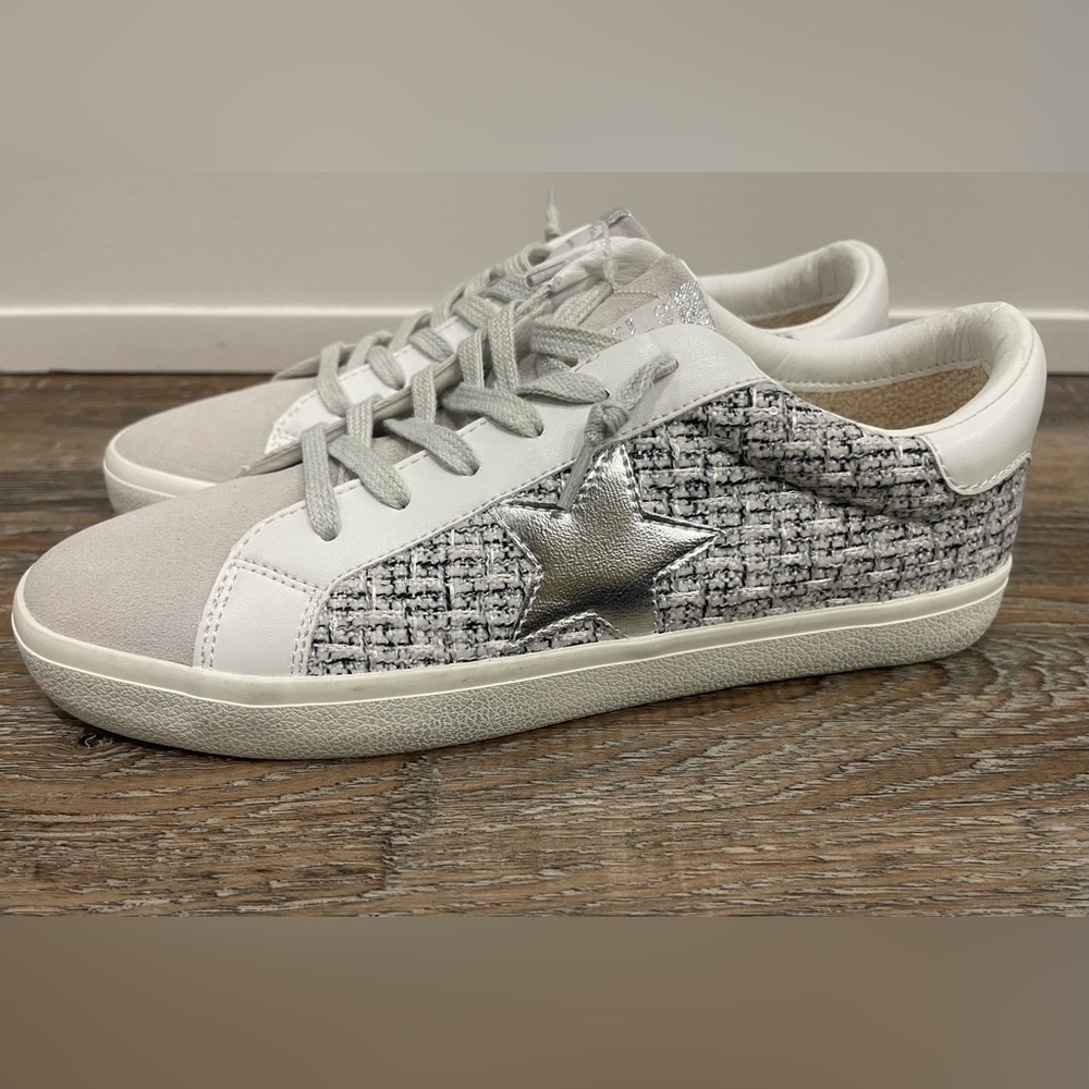 Vintage Havana White and Gray Sneakers with Star & Tweed Detail, Sz Women 11 - Picture 2 of 5